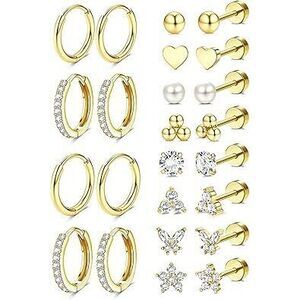 Hypoallergenic 14K Gold Plated Stud Hoop Earrings For Women Surgical Stainless